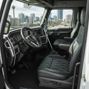 Highly detailed and clean interior of a modern commercial semi-truck cab, showing the dashboard, steering wheel, and quilted leather seats with the Calgary skyline visible through the windshield.